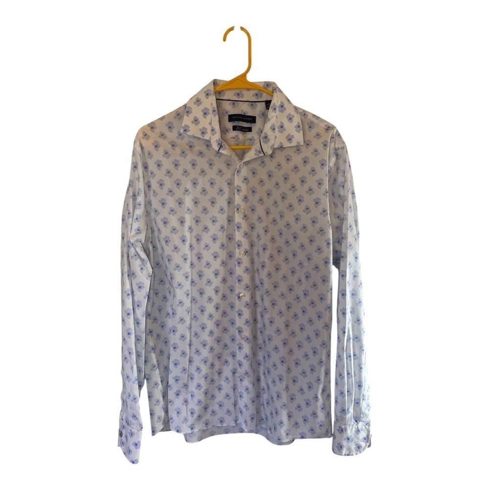 Tommy Hilfiger Mens TH Flex Slim Fit Supima Cotton Blue Floral Dress Shirt 16 L - Picture 2 of 10